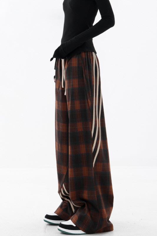 Casual Plaid Wide-Leg Pants & Three-Bar Stitched Design - Belle Vestige