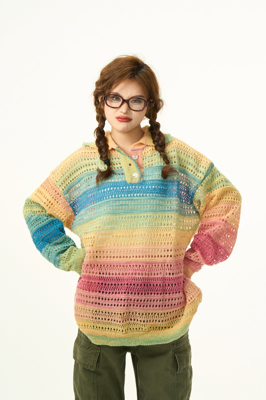 Slouchy Wind Knitwear Rainbow Contrast Sweater Loose Lazy Drape Top - Belle Vestige