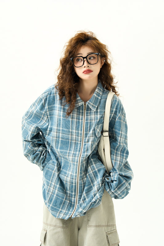 Distressed Wash Zipper Plaid Long Sleeve Shirt Women's Vintage High Street Coat - Belle Vestige