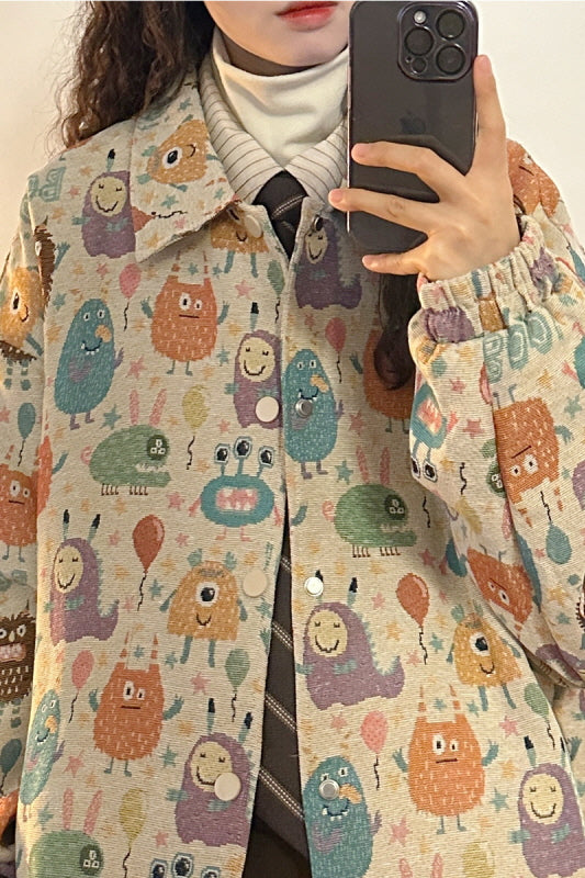 Japanese Retro Preppy Style Loose Fun Full Print Cartoon Lapel Jacket - Belle Vestige