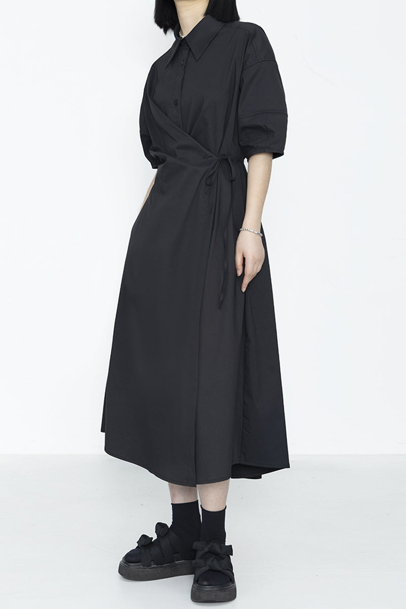 Niche Design Dark Temperament Irregular Waist Cinched Shirt Collar Dress - Belle Vestige