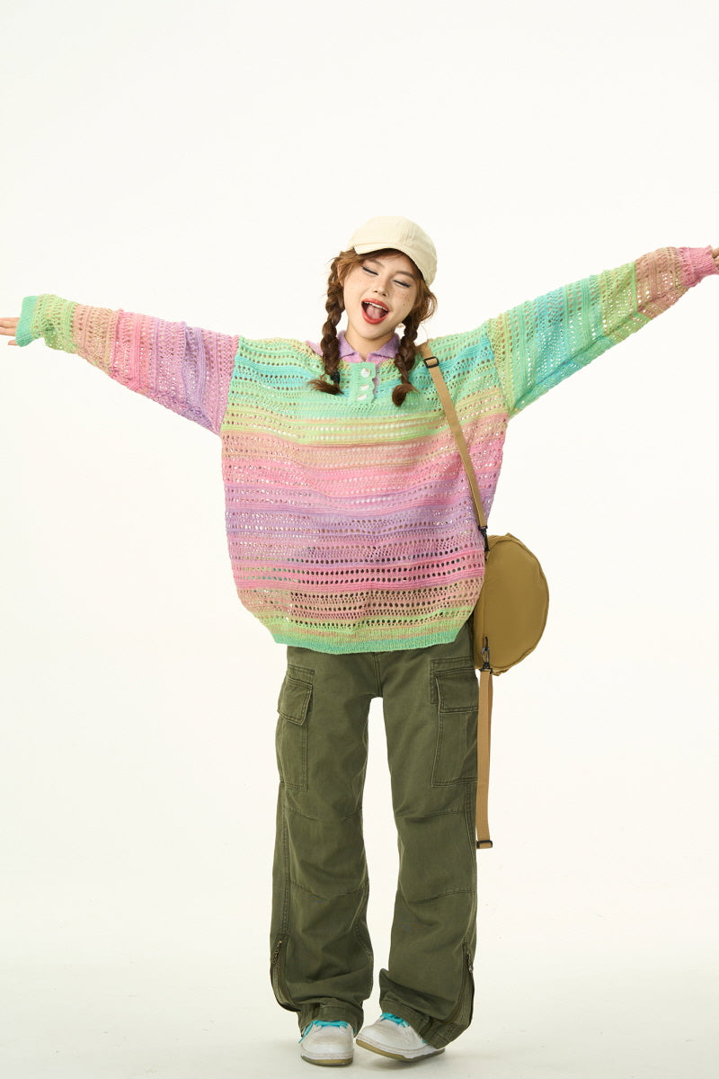 Slouchy Wind Knitwear Rainbow Contrast Sweater Loose Lazy Drape Top - Belle Vestige