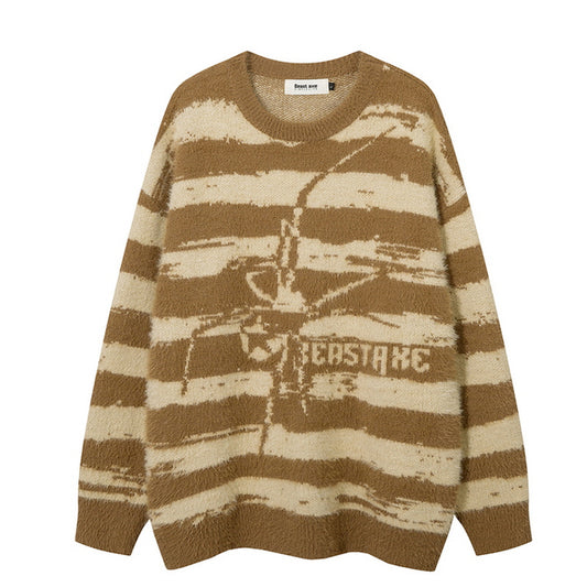 Contrasting Striped Spider Jacquard Mink Sweater - Belle Vestige