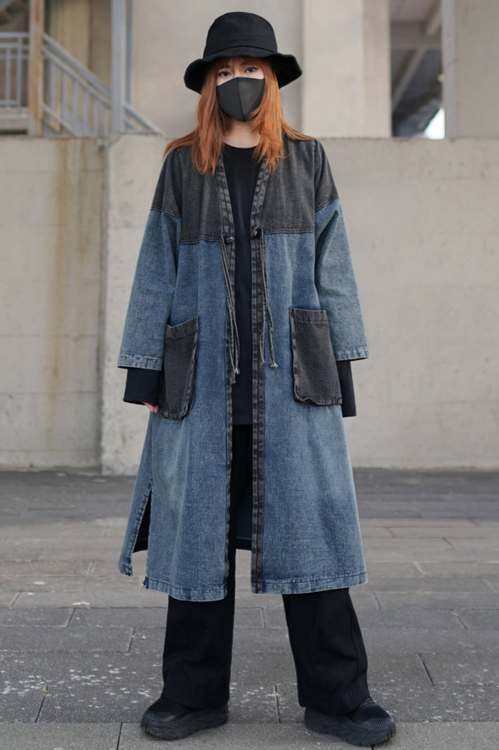 Japanese Retro Washed Blue Denim Trench Coat Stitched Sleeves Over-the-Knee Long Loose Cardigan Jacket Spring and Autumn Thin Style - Belle Vestige