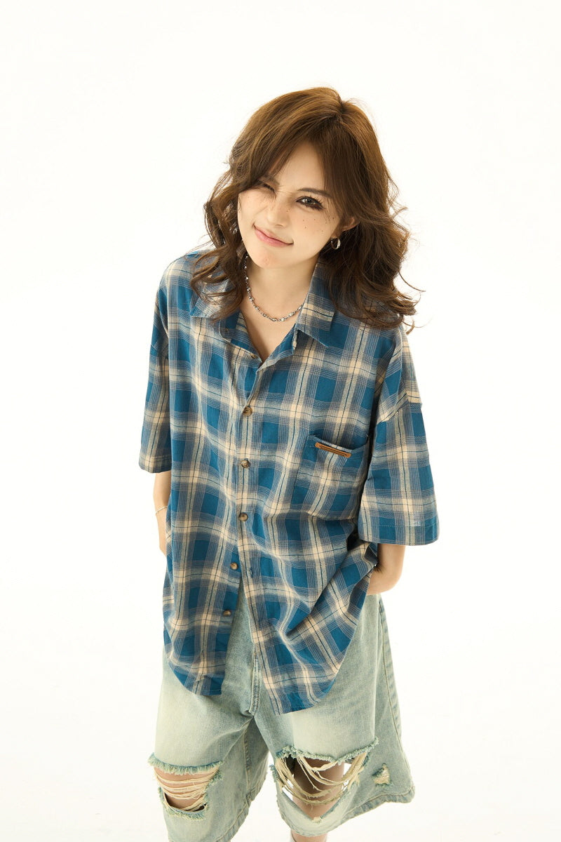 Plaid Lapel Loose Short Sleeve Shirt - Belle Vestige