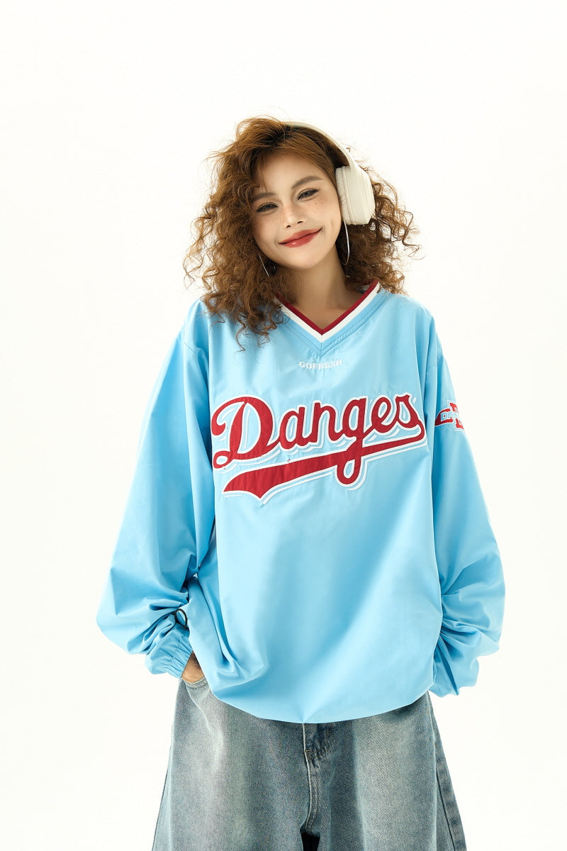 Retro V-Neck Jersey Sweatshirt Women's Loose Sports Jacket - Belle Vestige