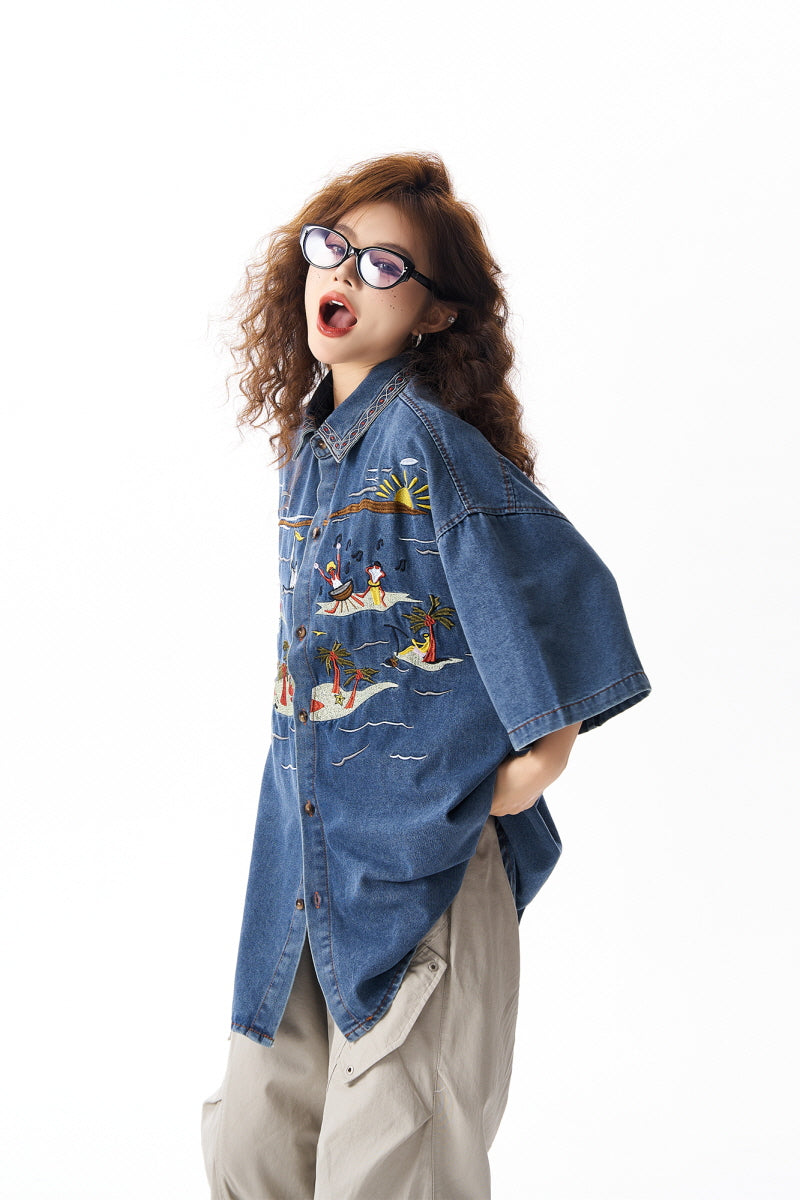 Hawaiian Embroidered Denim Short Sleeve Shirt - Belle Vestige