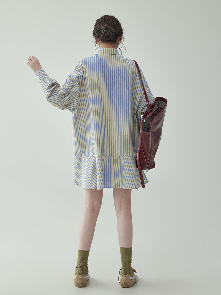 Preppy Style Single-Breasted Striped Shirt Dress & Long-Sleeved Dress - Belle Vestige