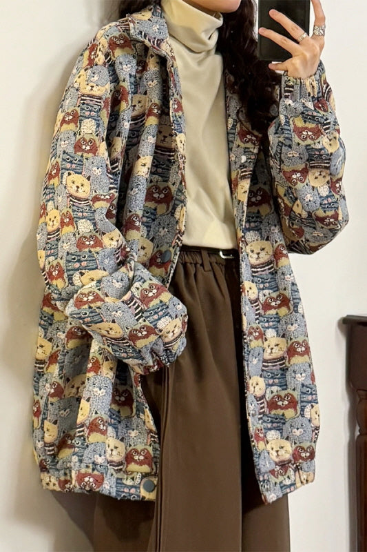 American Retro Fun Cartoon Jacquard Loose Lapel Jacket - Belle Vestige