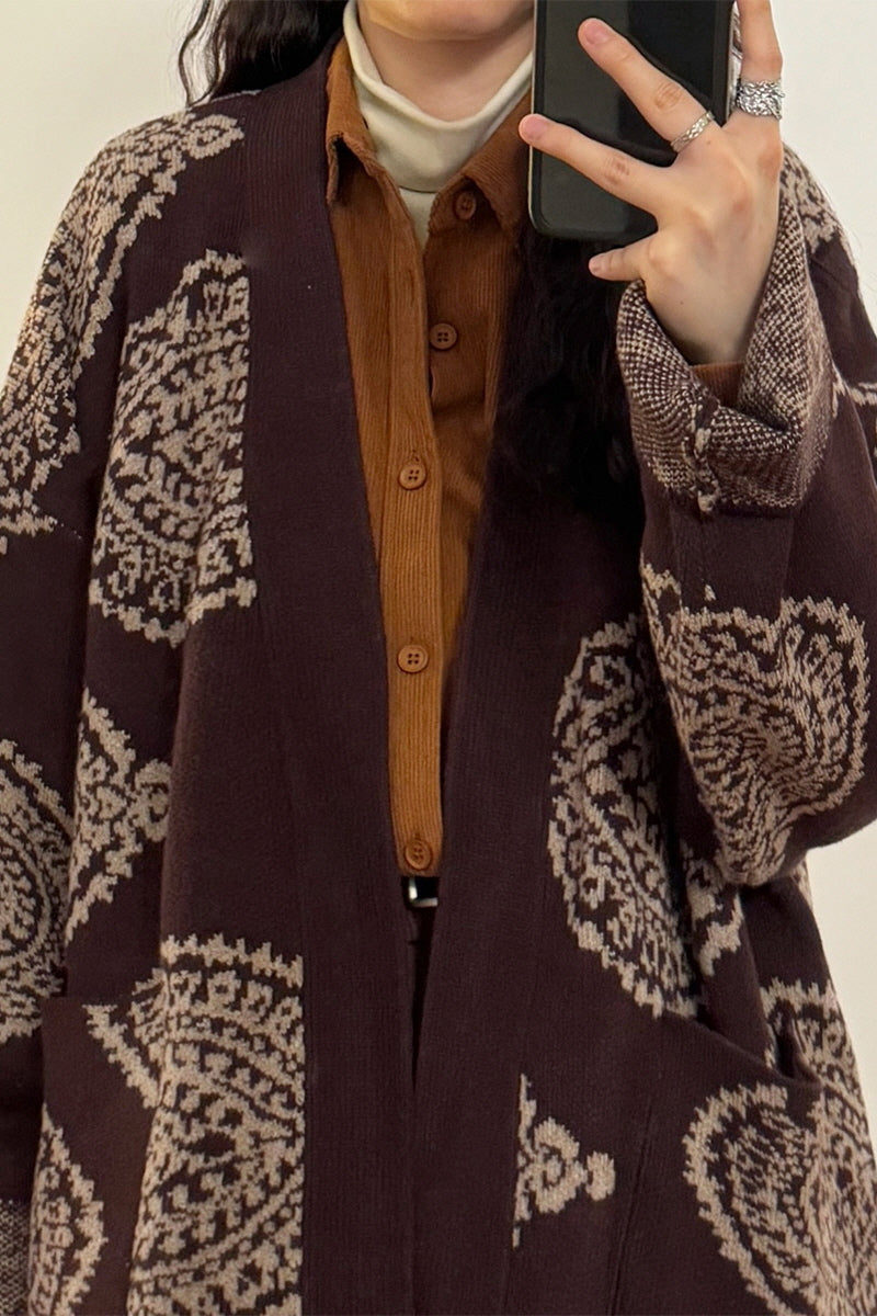 American Retro New Chinese Robe Cardigan Sweater Jacquard Collarless Knit Jacket - Belle Vestige