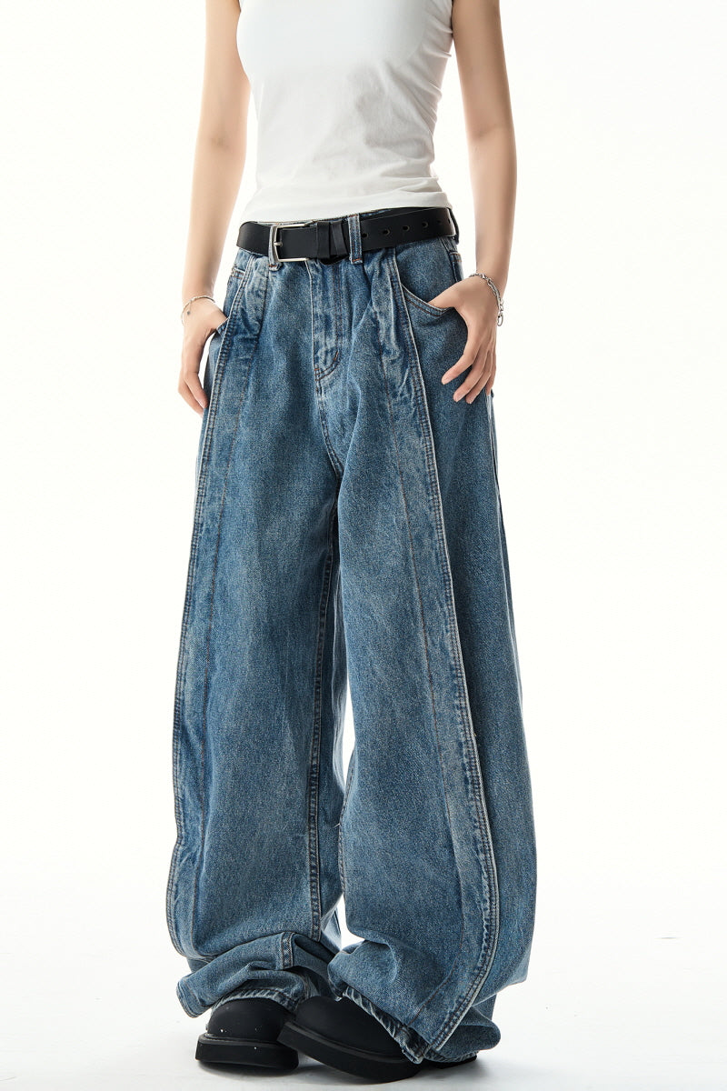 Streetwear Scimitar Wide-Leg Jeans Washed Vintage Trousers - Belle Vestige