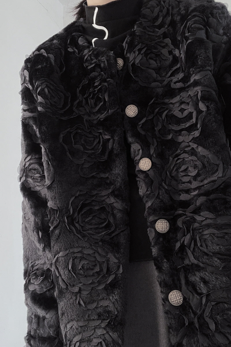 Embroidered Rose Plush Jacket Round Neck