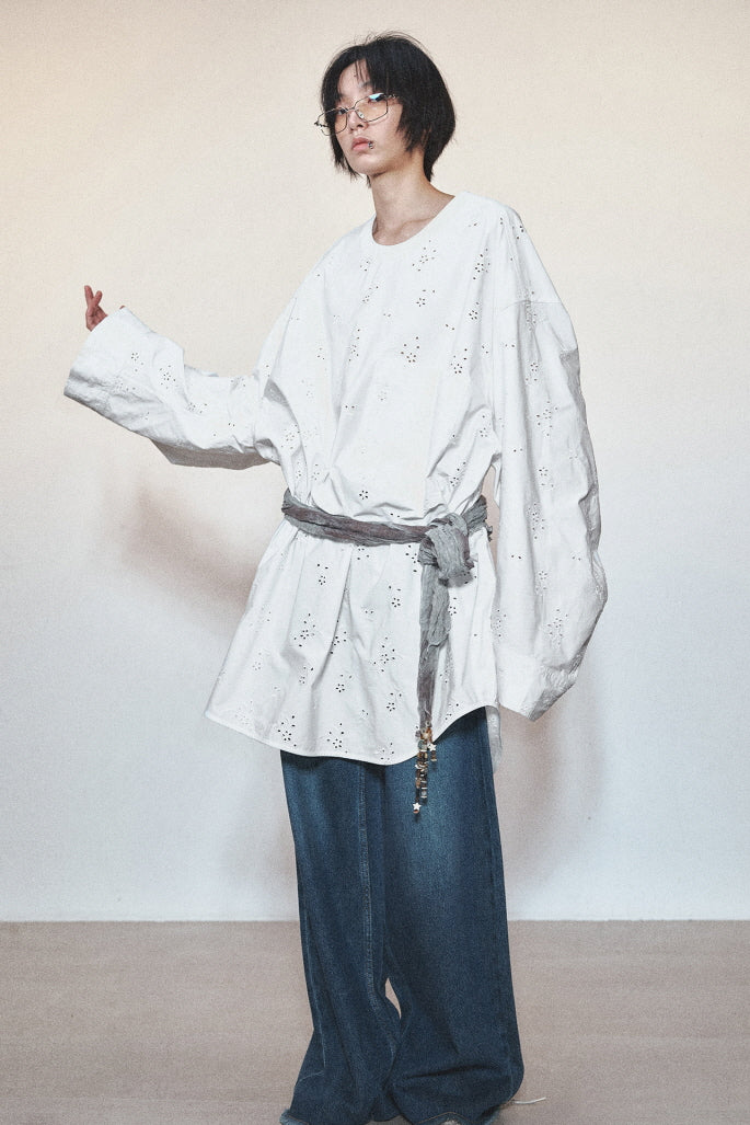 Oversized Silhouette Cotton Shirt & Round Neck with Patch Pocket Mutton Sleeves - Belle Vestige