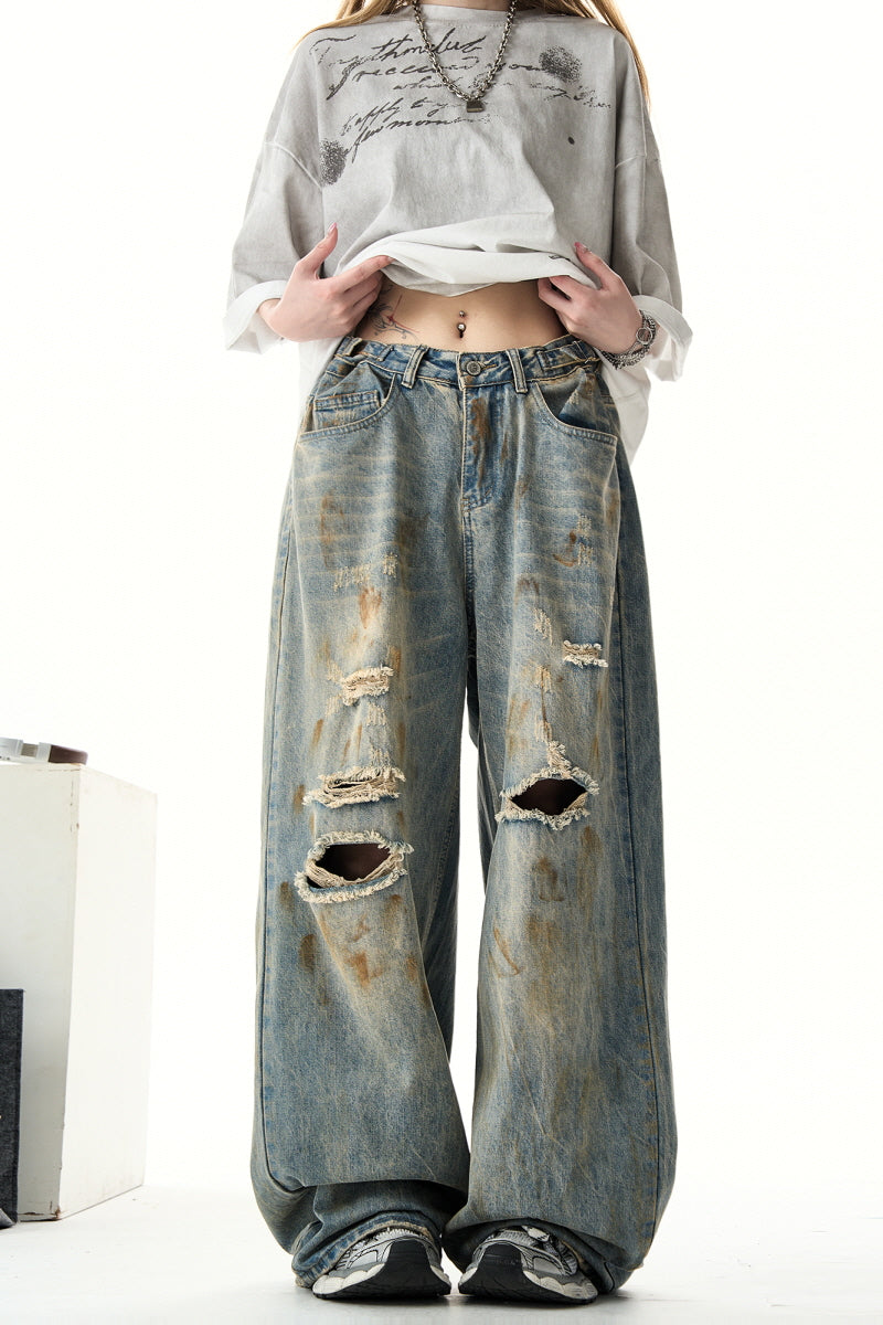 Retro Ripped Wide-Leg Jeans Loose Straight-Leg Pants - Belle Vestige