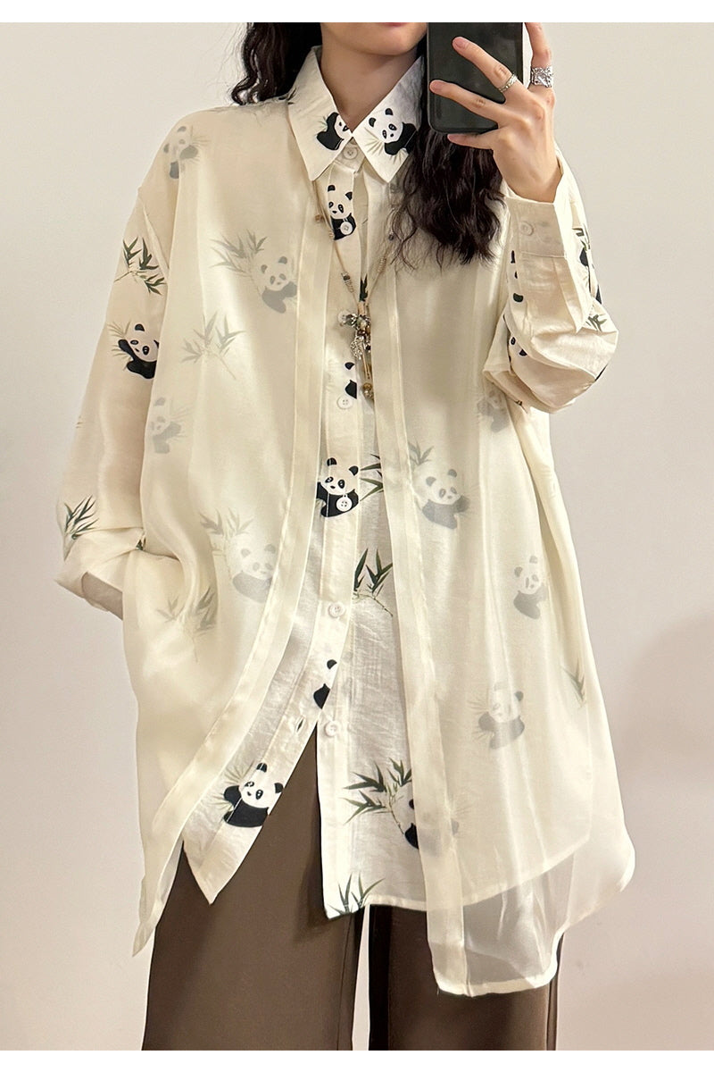 Retro National Style Chinese Panda Bamboo Print Stitching Tulle Long Sleeve Shirt - Belle Vestige