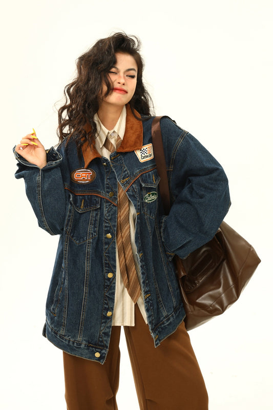 Retro Biker Denim Jacket Unisex Lapel - Belle Vestige