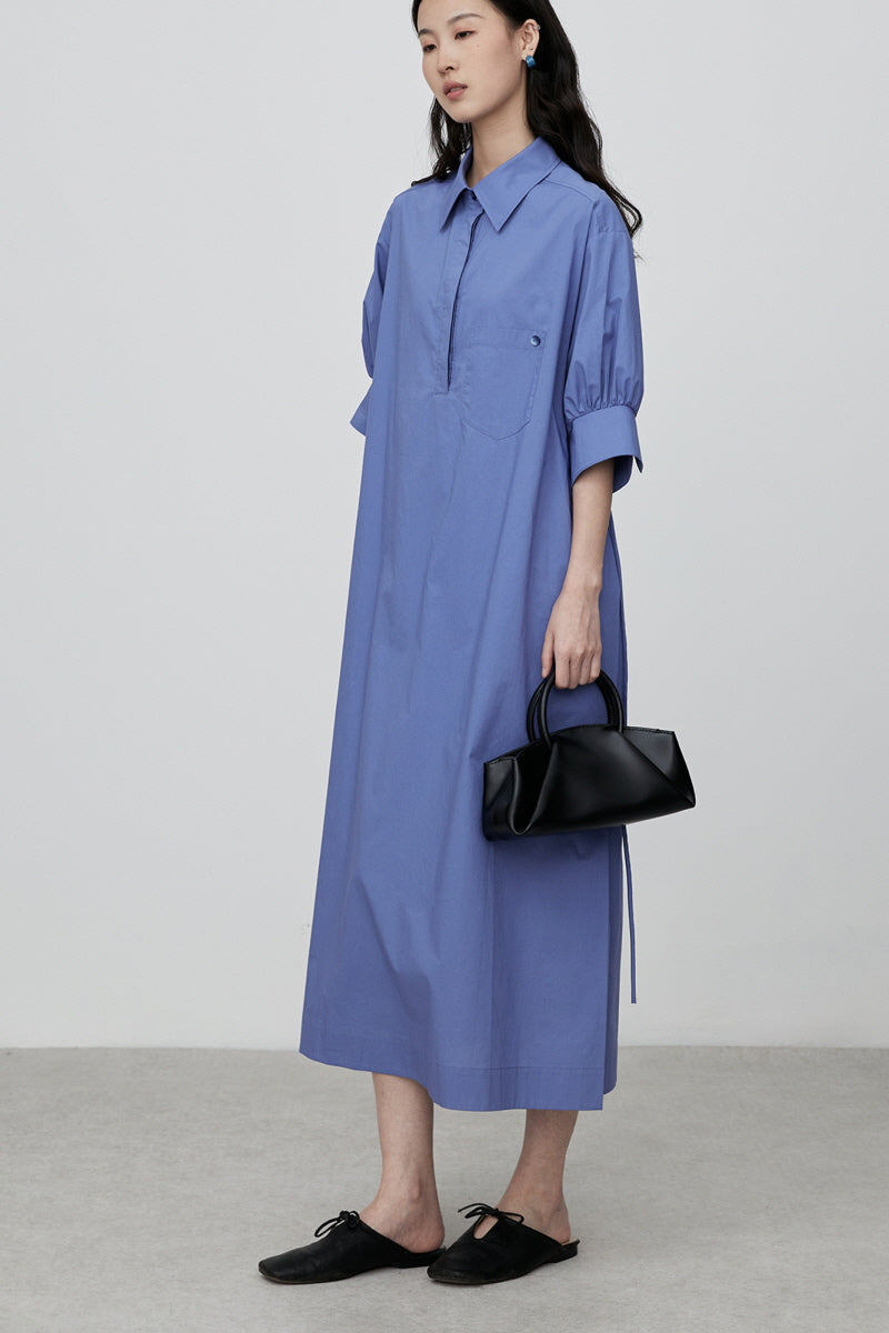 Cinched Waist Tie Slim Shirt Dress Blue Simple Design - Belle Vestige