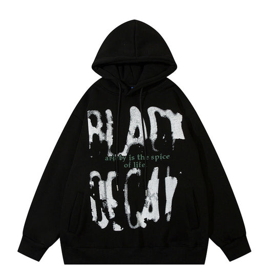 Fuzzy Letter Print Fleece Hooded Sweatshirt - Belle Vestige