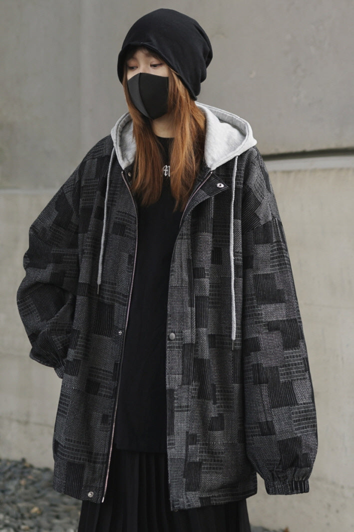 Retro Plaid Fake Two-Piece Jacket Spring and Autumn Tooling Jacket Japanese Salt Style - Belle Vestige