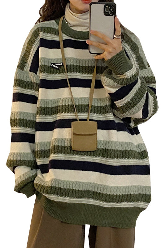 Hong Kong Style Striped Slouchy Round Neck Pullover Knit Sweater - Belle Vestige