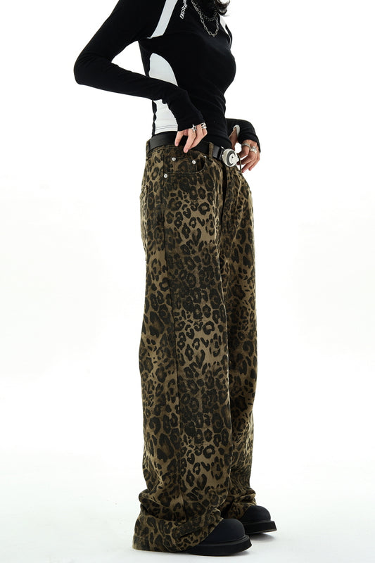 Leopard Print Wide-Leg Jeans Retro Low-Rise Casual Pants - Belle Vestige