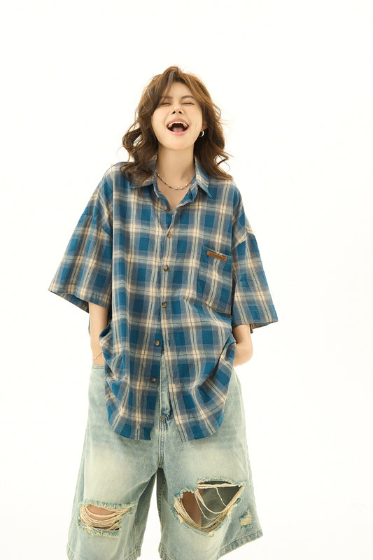 Plaid Lapel Loose Short Sleeve Shirt - Belle Vestige