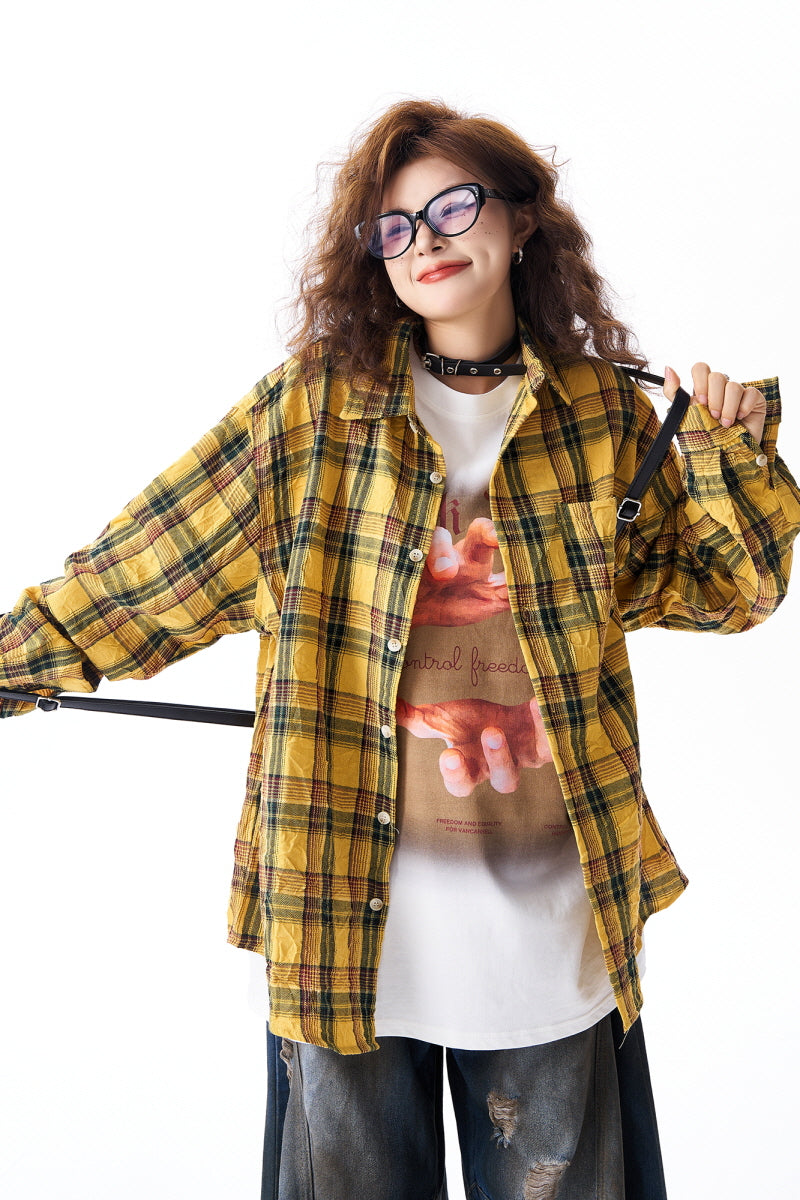 Yellow Plaid Irregular Pleated Long Sleeve Shirt - Belle Vestige