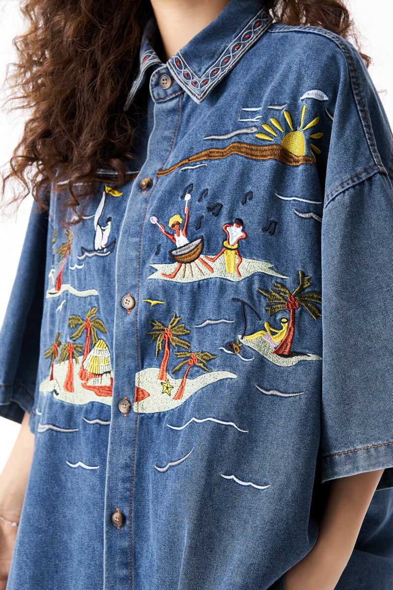 Hawaiian Embroidered Denim Short Sleeve Shirt - Belle Vestige