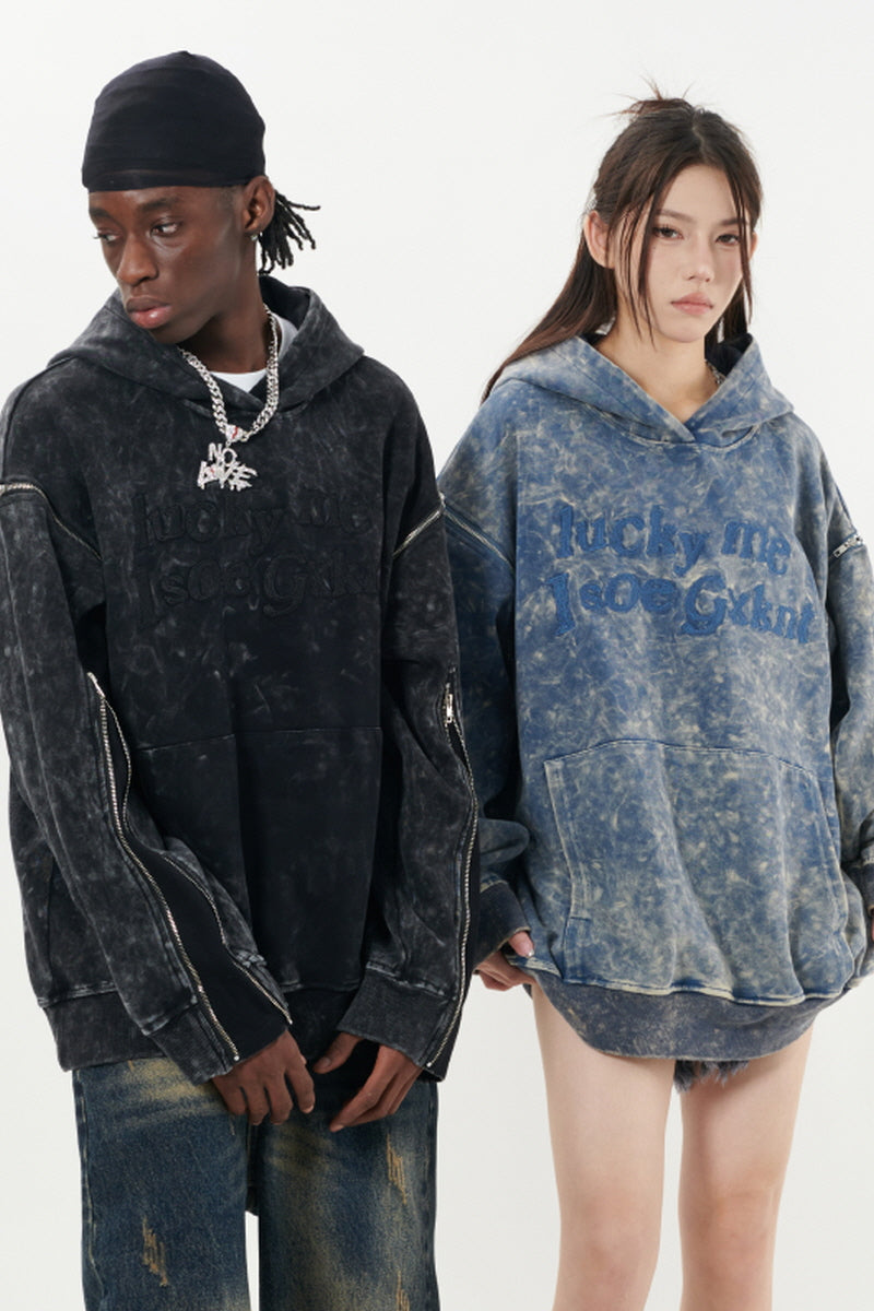 Distressed Lettering Detachable Sleeve Hoodie - Belle Vestige