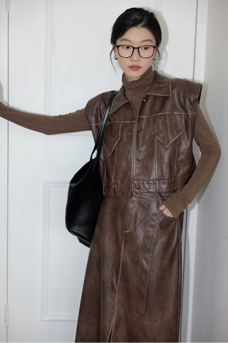 Leather Suit Set & Vest Jacket with Skirt Two-Piece Retro Style - Belle Vestige