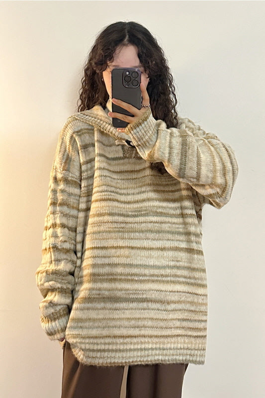 American Retro Hong Kong Style Loose Casual Striped Hooded Sweater Knitwear - Belle Vestige