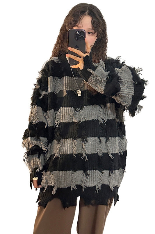 American Retro Hong Kong Style Frayed Tassel Striped Crewneck Knit Sweater - Belle Vestige