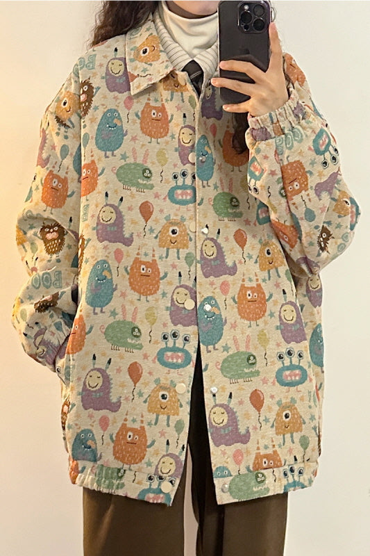 Japanese Retro Preppy Style Loose Fun Full Print Cartoon Lapel Jacket - Belle Vestige