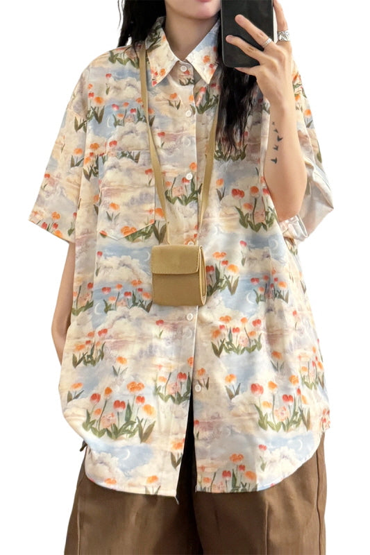 Japanese Vintage Oil Painting Tulip Print Short Sleeve Shirt Top - Belle Vestige