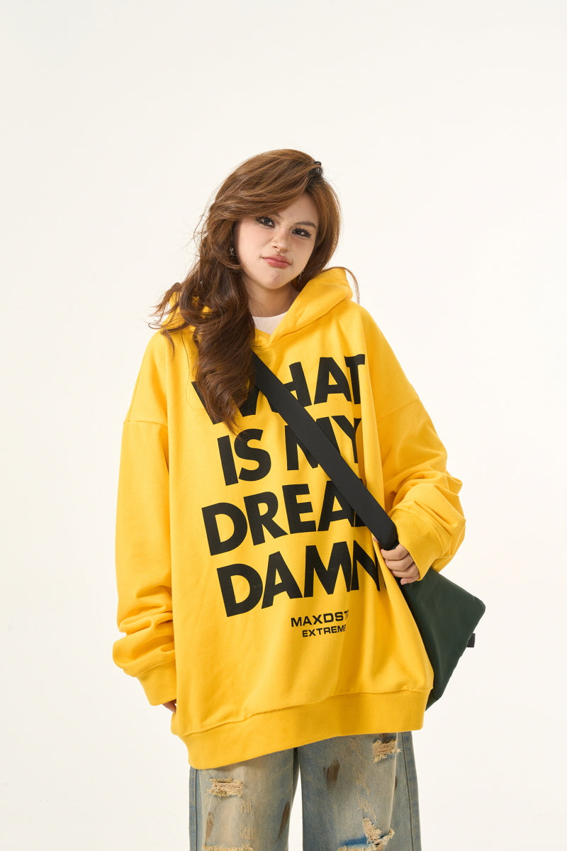 Vintage Letter Print Yellow Hooded Sweatshirt - Belle Vestige