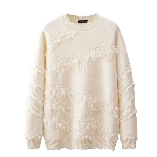 Ripped Fringed Oversize Crewneck Sweater - Belle Vestige