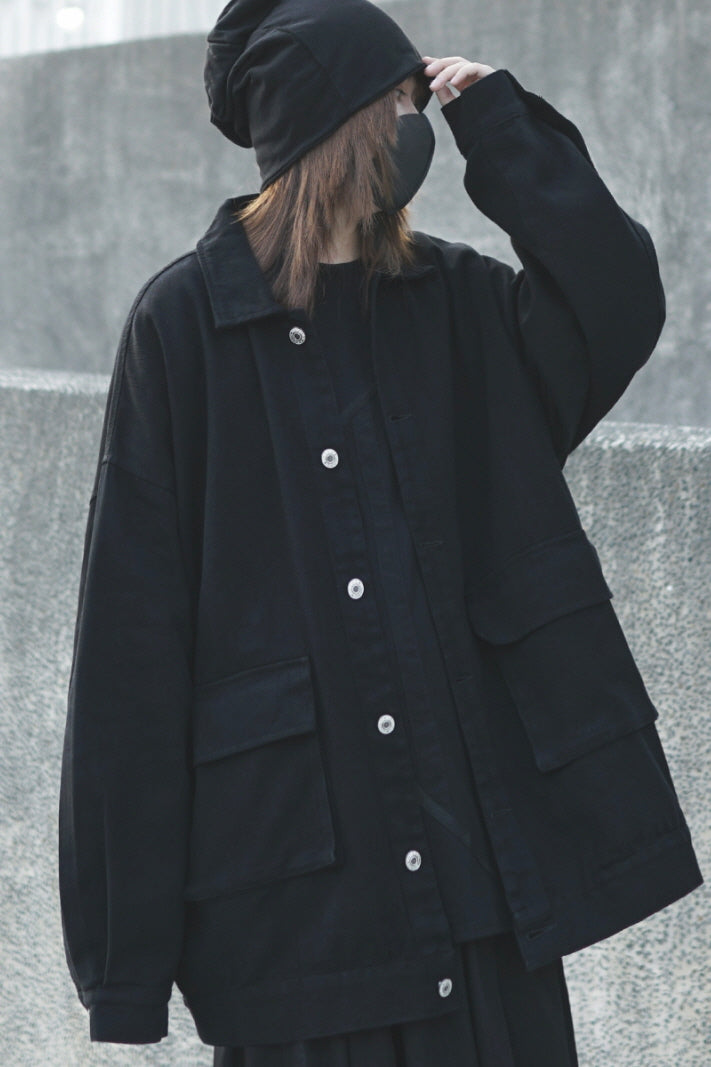 Black Loose Denim Jacket Dark Cool Yamamoto Style Tooling Salt Style Trendy Wear - Belle Vestige