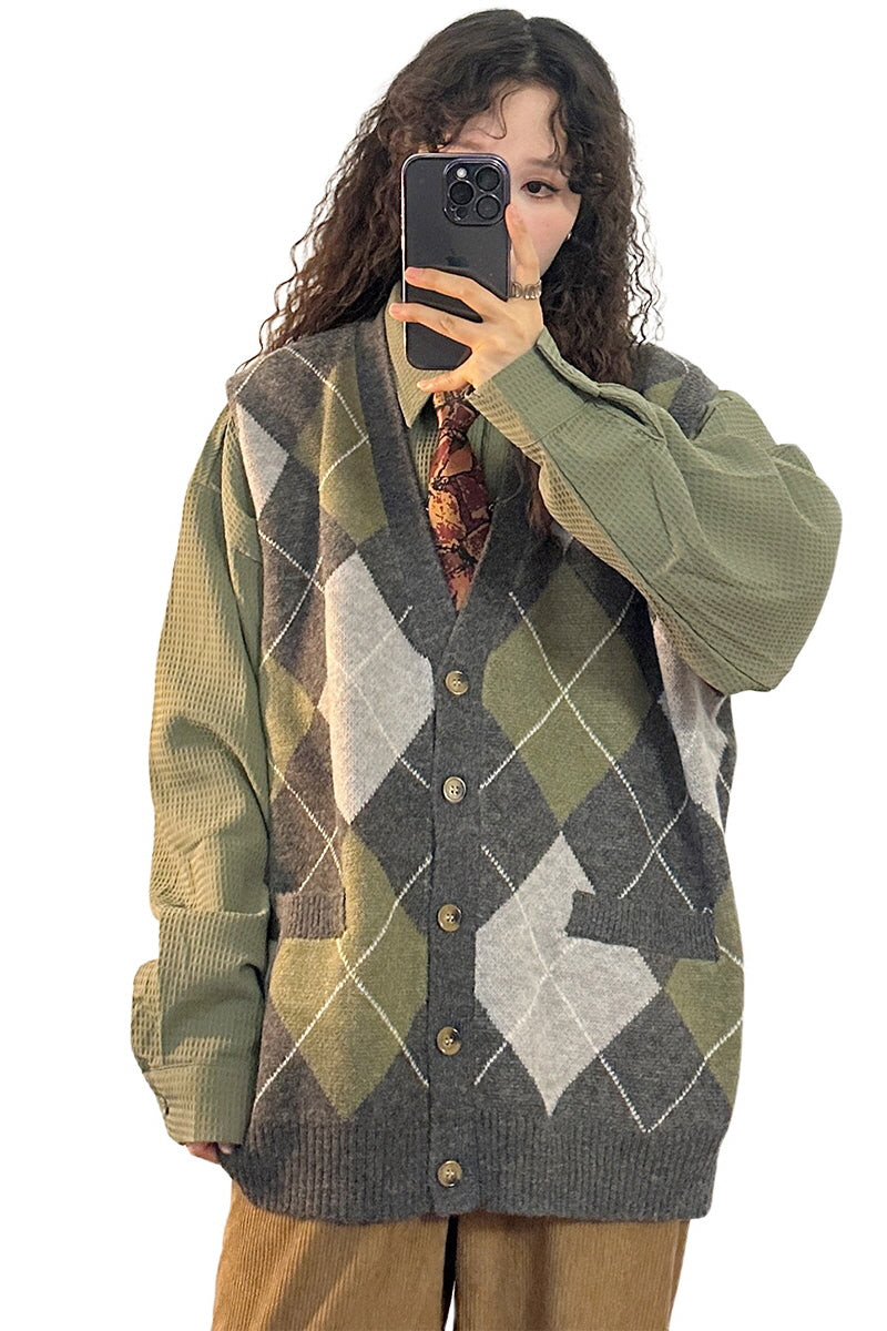 American Vintage Rhombic Knitwear Sweater Cardigan Vest Lazy Style Jacket - Belle Vestige