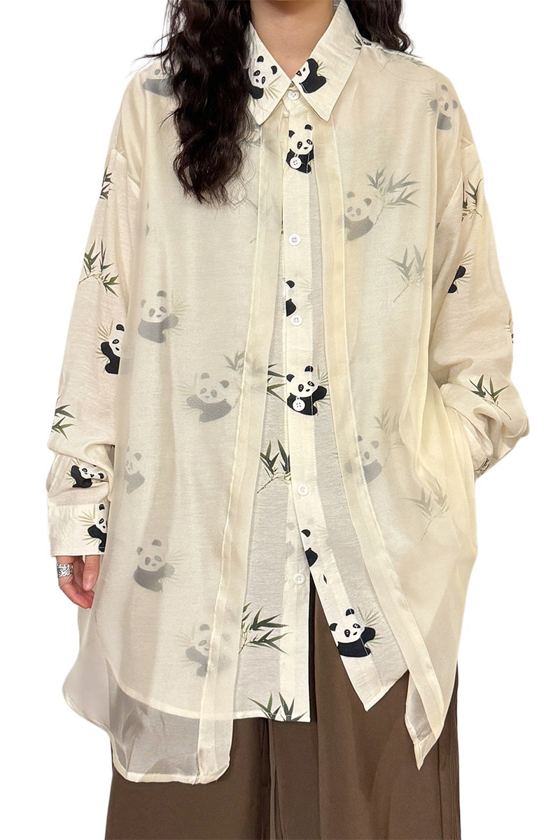 Retro National Style Chinese Panda Bamboo Print Stitching Tulle Long Sleeve Shirt - Belle Vestige