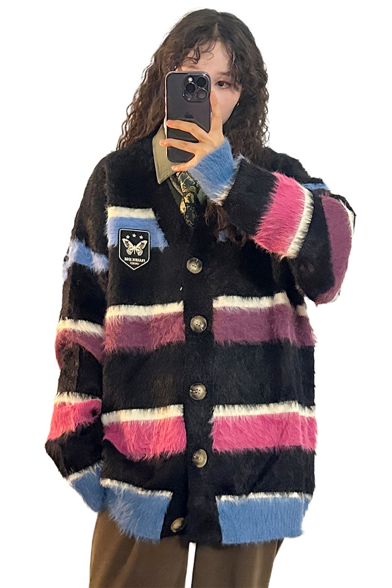 American Retro Hong Kong Style Mohair Striped Sweater Cardigan Knit Jacket - Belle Vestige