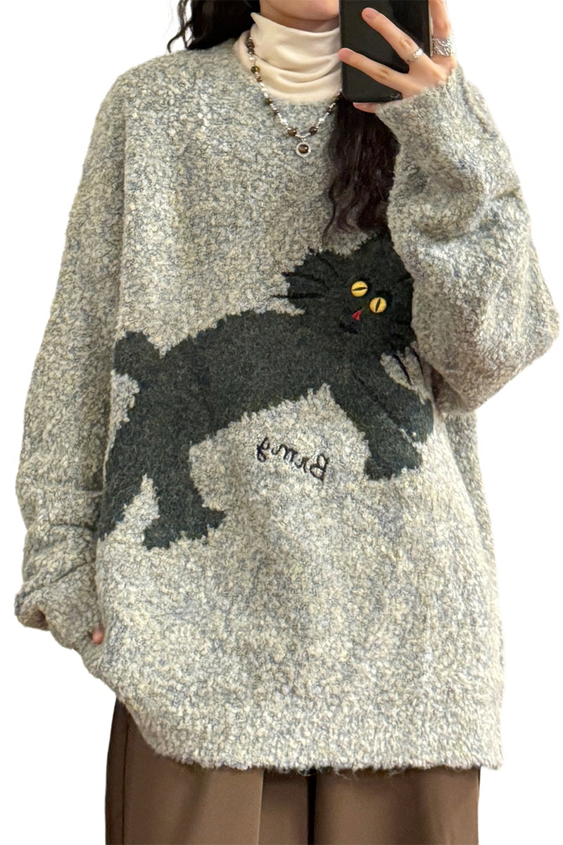 American Retro Loose Fun Bunny Knit Plush Crew Neck Sweater - Belle Vestige