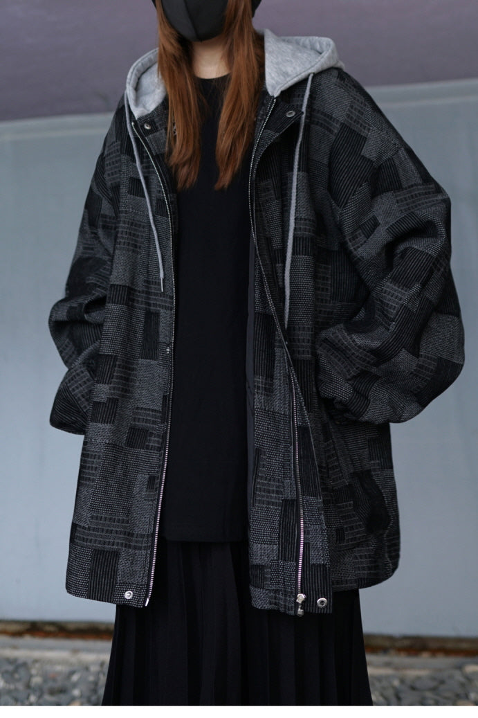 Retro Plaid Fake Two-Piece Jacket Spring and Autumn Tooling Jacket Japanese Salt Style - Belle Vestige