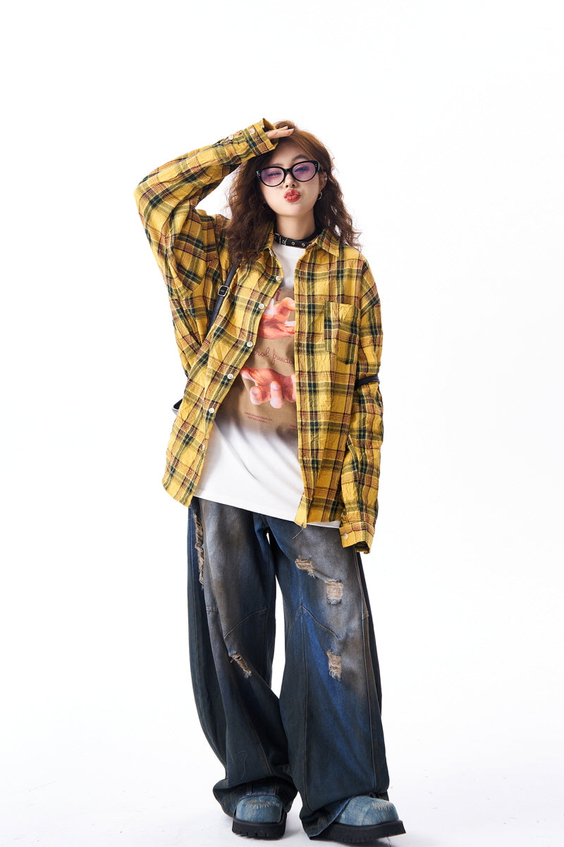 Yellow Plaid Irregular Pleated Long Sleeve Shirt - Belle Vestige