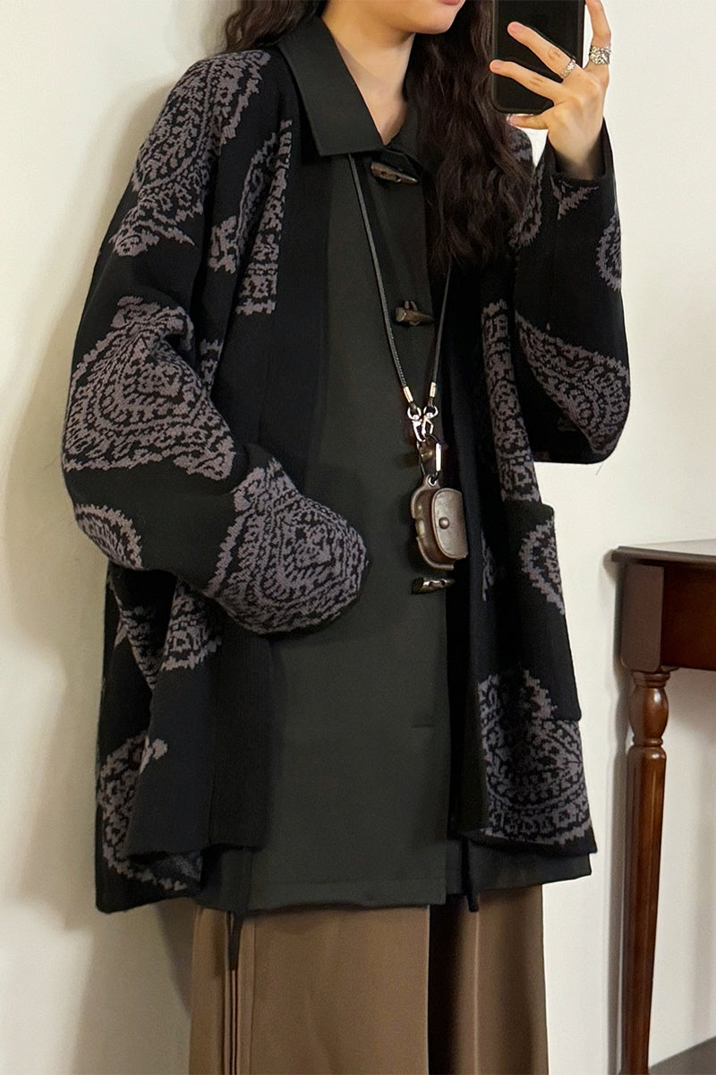 American Retro New Chinese Robe Cardigan Sweater Jacquard Collarless Knit Jacket - Belle Vestige