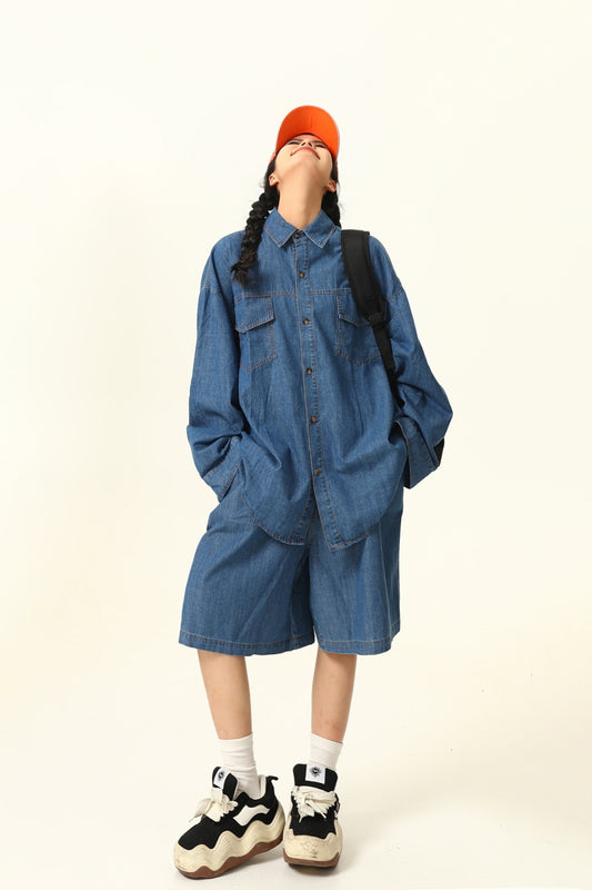 Denim Suit Casual Long Sleeve Shirt and Shorts - Belle Vestige