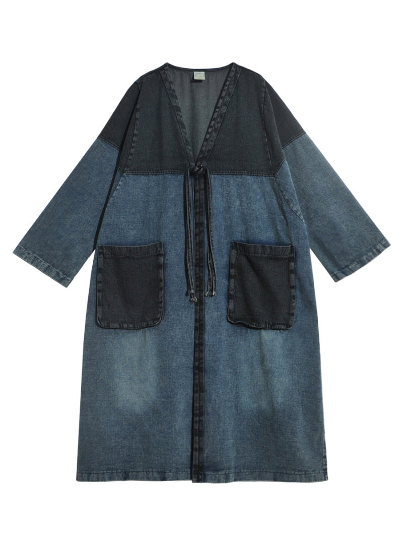 Japanese Retro Washed Blue Denim Trench Coat Stitched Sleeves Over-the-Knee Long Loose Cardigan Jacket Spring and Autumn Thin Style - Belle Vestige