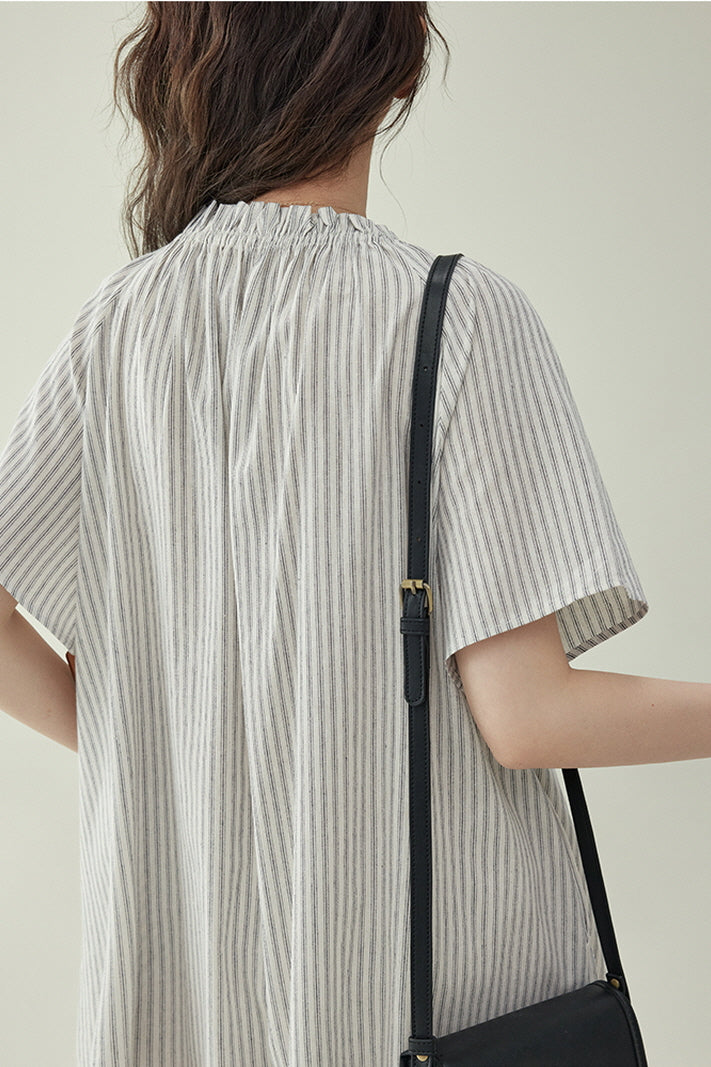 Striped Single-Breasted Short-Sleeved Shirt Dress & Slim Loose Fit - Belle Vestige