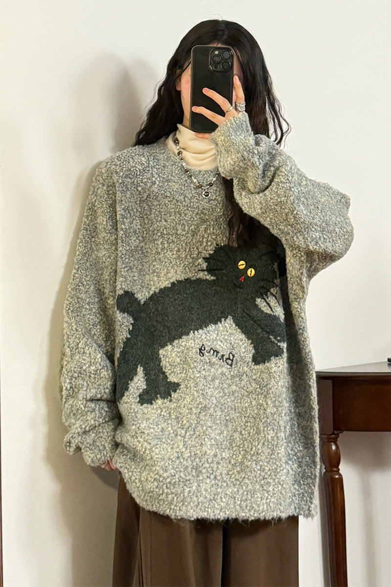 American Retro Loose Fun Bunny Knit Plush Crew Neck Sweater - Belle Vestige