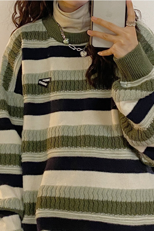 Hong Kong Style Striped Slouchy Round Neck Pullover Knit Sweater - Belle Vestige