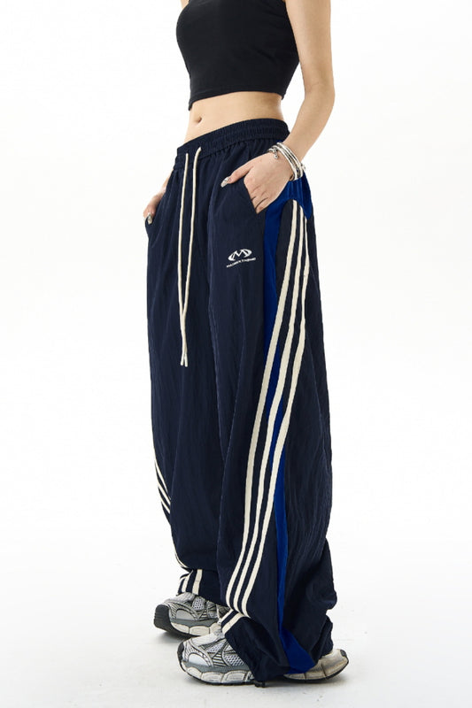 Retro Stitched Striped Wide-Leg Track Pants & Three-Bar Loose Slacks - Belle Vestige